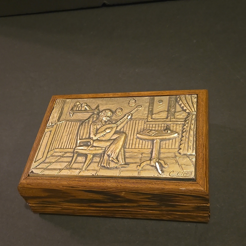 CASTELLANI ITALY SEATED LADY PLAYING MUSIC .999 PURE SILVER 10G WOOD JEWELRY BOX